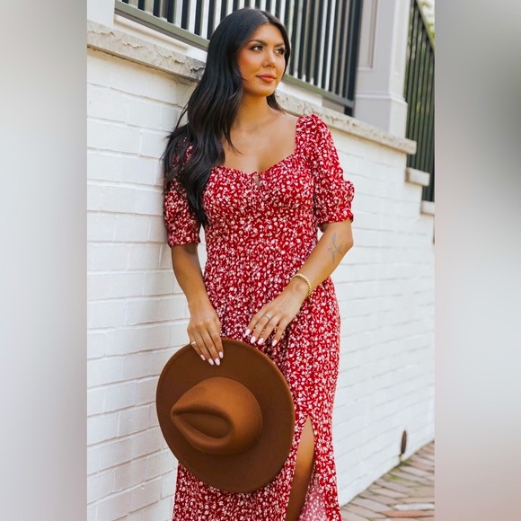 Wine Floral Print Smocked Maxi Dress - Picture 6 of 12